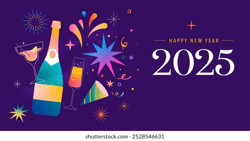 Happy New Year 2025, New Year background, banner, poster design. Modern vibrant illustration, concept design with Christmas decorations, confetti, champaign bottle and fireworks. Vector design with