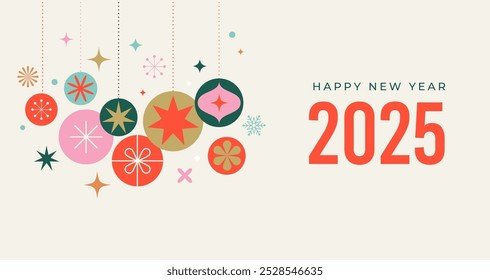 Frohes Neues Jahr 2025, Neujahrshintergrund, Banner, Plakatdesign. Moderne minimalistische geometrische Illustration, Konzeptdesign mit Weihnachtsdekorationen, Konfetti und Ornamenten. Vektordesign