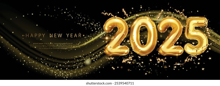 Happy New Year 2025. Background realistic golden balloons numbers with gold confetti Decorative design elements