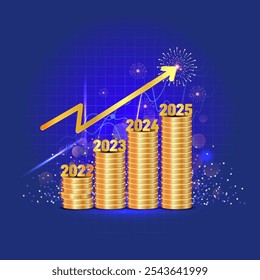 Fondo feliz del año Nuevo 2025 con gráfico, barra de dinero y diseño de flecha de crecimiento financiero.