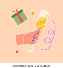 Happy new year 2025 background. Hands holding champagne and decor. Human hands of couple clinking glasses. Doodle style New Year poster, cover, background. Vector illustration