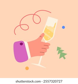 Happy new year 2025 background. Hands holding champagne and decor. Human hands of couple clinking glasses. Doodle style New Year poster, cover, background. Vector illustration