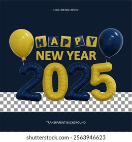 Happy New Year 2025. Background realistic blue and yellow balloons. Decorative design elements. Object render 3d balloon with ribbon. Celebrate party Poster. Festive 3d illustration