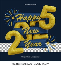 Happy New Year 2025. Background realistic blue and yellow balloons. Decorative design elements. Object render 3d balloon with ribbon. Celebrate party Poster. Festive 3d illustration