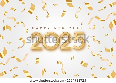 Happy new year 2025 background banner. Elegant New Year celebration design with a splash of celebratory ornaments. New Year greeting and celebration. Vector 3d realistic illustration