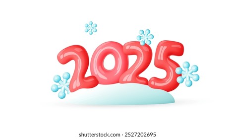 Feliz año Nuevo 2025. Números rojos de globo en nieve y copos de nieve. Elementos de saludo de Vector para Navidades, vacaciones de invierno, diseño de Navidad. Ilustración vectorial de dibujos animados