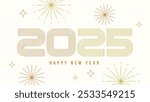 Happy new year 2025 banner. Modern outline design typography with fireworks and starbursts. Vector illustration