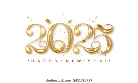 Happy New Year 2025 banner with realistic golden numbers. Christmas Holiday greeting card design.