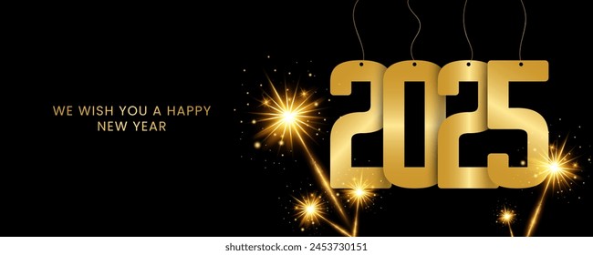 Happy New Year 2025. New year banner with fireworks and gold style text.