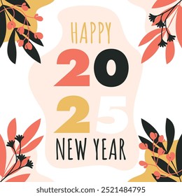 Feliz año nuevo 2025 Plantilla de Anuncio. Diseño de la Plantilla del año Nuevo con floral botánico