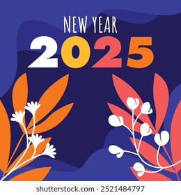 Feliz año nuevo 2025 Plantilla de Anuncio. Diseño de la Plantilla del año Nuevo con floral botánico