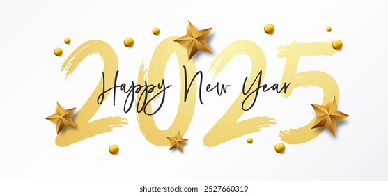 Happy new year 2025 banner background with golden brush and calligraphic handwritten message. Vector celebration design. Holiday greetings and new year's eve events with christmas stars and balls 