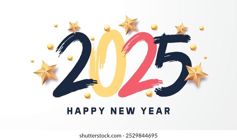 Happy New Year 2025 banner background. Vector celebration design illustration with text and christmas decoration. Holiday greetings and new year's eve events