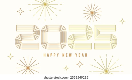 Happy new year 2025 banner. Modern outline design typography with fireworks and starbursts. Vector illustration