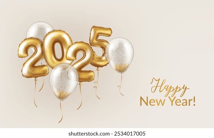 Happy New Year 2025. Banner. Background realistic gold numbers from balloons and transparent balloons with confetti. Vector 3d decorative design elements on a light background