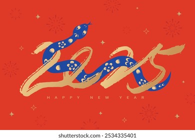 Happy New Year 2025 banner design, featuring gold handwritten numbers combined with paper cut style snake elements, celebrating the Year of the Snake.