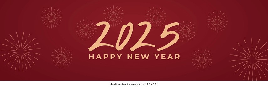 Happy New Year 2025 Banner Background. Gold Theme Red Background With Fireworks.