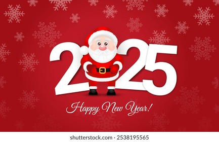 Happy New Year 2025 banner, card template with cute Santa Claus on red background. Vector Illustration	