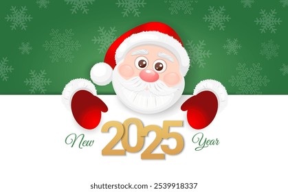 Happy New Year 2025 banner, card template with cute Santa Claus on green background. Vector Illustration