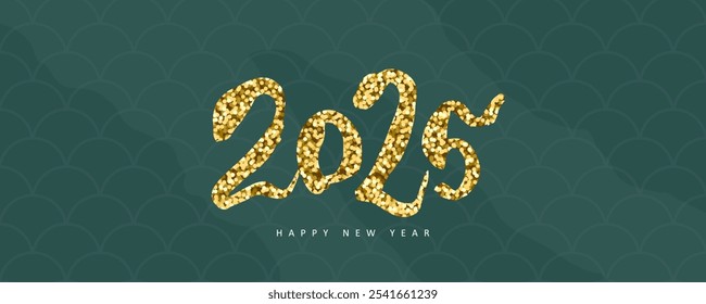 Happy New Year 2025, banner with golden glitter numbers. Festive decoration, greeting signboard, luxury design for postcards, posters. Vector illustration