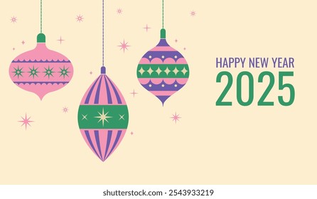 Happy New Year 2025, New Year banner. Vector illustration with Christmas balls.	