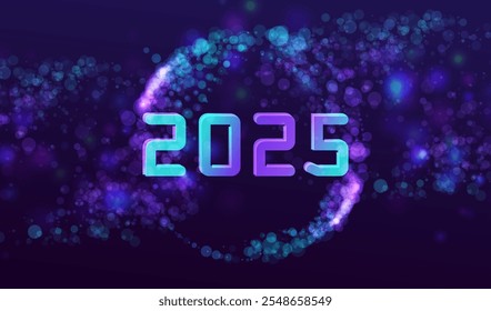 Happy New Year 2025 banner in technology ai style. Ai holidays cyber new year vector particles background. Happy holiday high tech design. Neon game text 2025.