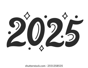 Happy new year 2025 banner, poster, greeting card design template, hand lettering. Vector illustration with cute numbers, retro style