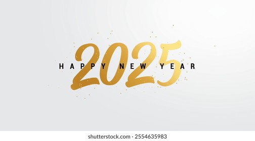 Happy New Year 2025 banner or header for website, greeting card or poster, or social media post. 2025 logo text design with handwritten gold numbers 2025 isolated on night elegant white  background