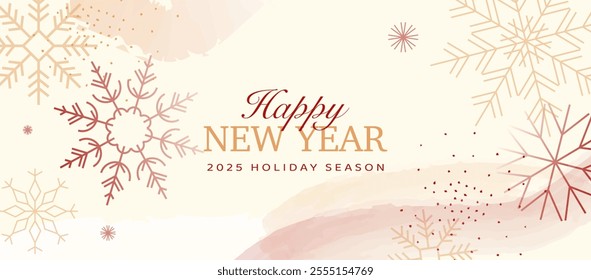 Happy New Year 2025 banner with red and gold snowflake patterns. Minimalistic holiday background design for seasonal greetings and festive decoration.