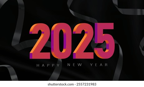 Happy New Year 2025 banner with the purple and pink metallic numbers and a dark serpentine on a background of black cloth. Modern design for New Year and Christmas banners, invitations. 3D vector