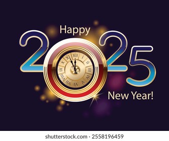 Happy New Year 2025 banner on Blue background and inside clock