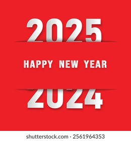 Happy New Year 2025 banner on red background. Premium vector design 2025. Papercut style with shadow. Greeting card. Vector illustration.