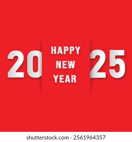 Happy New Year 2025 banner on red background. Premium vector design 2025. Papercut style with shadow. Greeting card. Vector illustration.