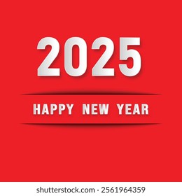 Happy New Year 2025 banner on red background. Premium vector design 2025. Papercut style with shadow. Greeting card. Vector illustration.