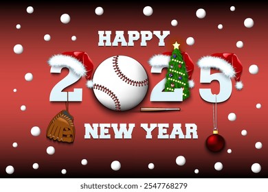 Happy new year. 2025 with baseball ball. Numbers in Christmas hats with baseball glove and Christmas tree ball. Original template design for greeting card. Vector illustration on isolated background