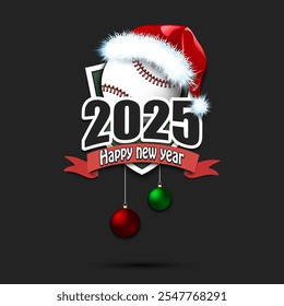 Happy new year 2025. Baseball logo template design. Baseball ball in santa hat. Design pattern for greeting card, banner, poster. Vector illustration on isolated background