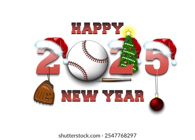 Happy new year. 2025 with baseball ball. Numbers in Christmas hats with baseball glove and Christmas tree ball. Original template design for greeting card. Vector illustration on isolated background