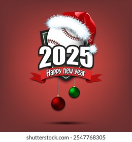 Happy new year 2025. Baseball logo template design. Baseball ball in santa hat. Design pattern for greeting card, banner, poster. Vector illustration on isolated background