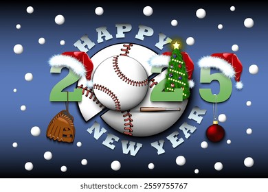 Happy new year. 2025 with baseball ball. Numbers in Christmas hats with baseball glove and Christmas tree ball. Original template design for greeting card. Vector illustration on isolated background