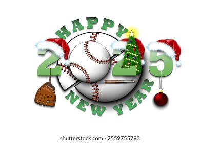 Happy new year. 2025 with baseball ball. Numbers in Christmas hats with baseball glove and Christmas tree ball. Original template design for greeting card. Vector illustration on isolated background