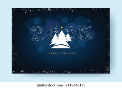 Happy New Year 2025 beautiful  design of numbers on dark blue background with Christmas star, snow and christmas trees. Trendy modern winter greeting card template