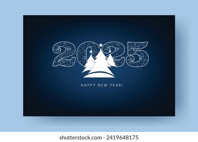 Happy New Year 2025 beautiful  design of numbers on dark blue background with snow and christmas trees, Christmas star. Trendy modern winter greeting card template