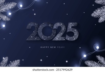 Happy New Year 2025 beautiful sparkling design of numbers on dark blue background with lights, pine branches and shining falling snow. Trendy modern winter banner, poster or greeting card template