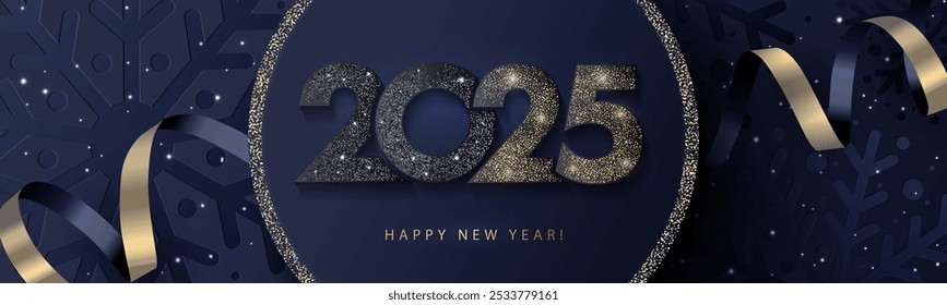 Happy New Year 2025 beautiful sparkling design of numbers on black background with texture of black snowflakes and shining falling snow. Trendy modern winter banner, poster or greeting card template