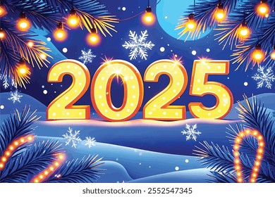 Happy New Year 2025 beautiful sparkling design of numbers on dark blue background with lights, pine branches and shining falling snow. Trendy modern winter banner, poster or greeting card template