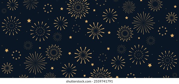 Happy New Year 2025 beautiful sparkling design Gold fireworks celebration border, holiday banner