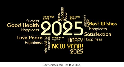 Happy New Year 2025 with best wishes - golden typography on black background. 2025 happy new year Postcard for celebration on black background.