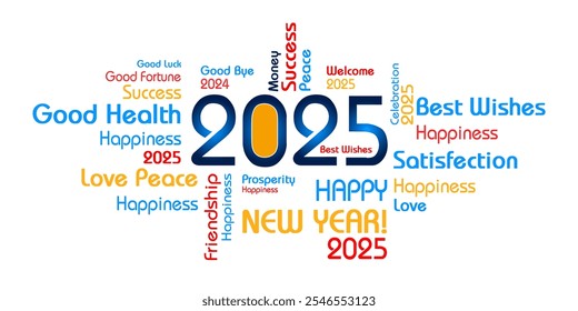 Happy New Year 2025 with best wishes celebration blue typography background
