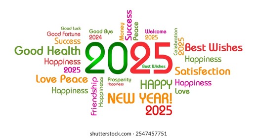 Happy New Year 2025 with best wishes celebration green typography background, best wishes postcard 