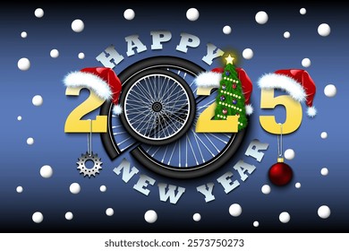 Happy new year. 2025 with bike wheel. Numbers in Christmas hats with bicycle star and Christmas tree ball. Original template design for greeting card. Vector illustration on isolated background